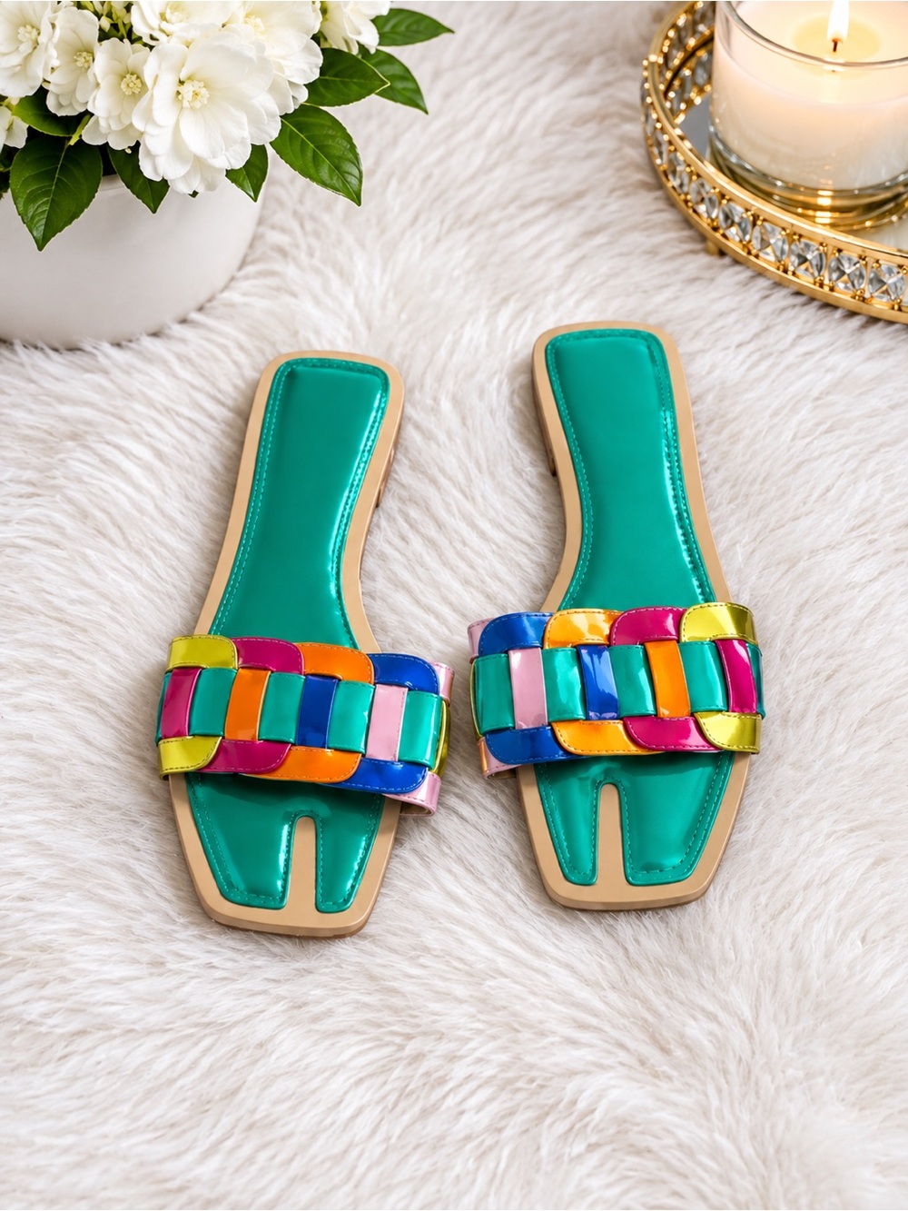 Colorblock Satin Slide Sandals - Green Multi